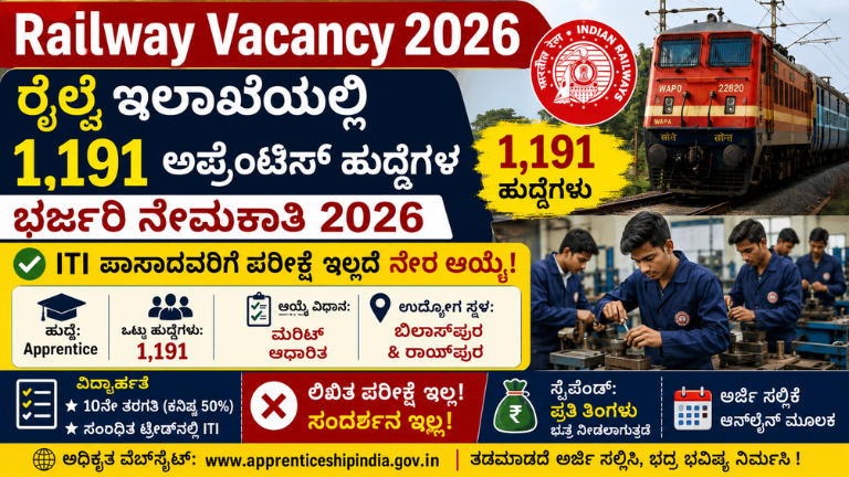 Railway Vacancy 2026 ITI ಪಾಸಾದವರಿಗೆ ರೈಲ್ವೆಯಲ್ಲಿ 1,191 ಹುದ್ದೆಗಳು – ಪರೀಕ್ಷೆ ಇಲ್ಲದೆ ನೇರ ಆಯ್ಕೆ!