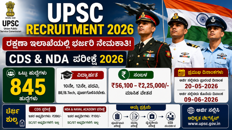 UPSC Recruitment 2026 845 ರಕ್ಷಣಾ ಇಲಾಖೆಯ ಹುದ್ದೆಗಳ ನೇಮಕಾತಿ ₹2.25 ಲಕ್ಷ ಸಂಬಳ