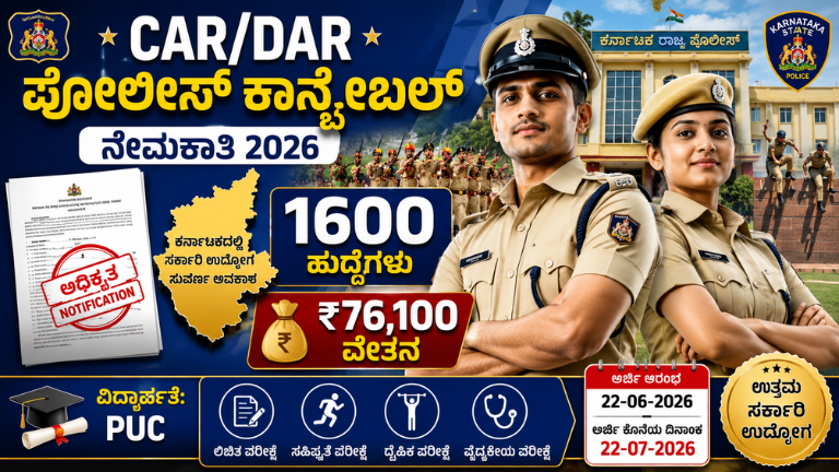 CARDAR Police Constable Recruitment 2026 1600 ಪೊಲೀಸ್ ಕಾನ್ಸ್ಟೇಬಲ್ ಹುದ್ದೆಗಳ ಭರ್ತಿ, PUC ಪಾಸ್ ಅಭ್ಯರ್ಥಿಗಳಿಗೆ ಸುವರ್ಣ ಅವಕಾಶ!