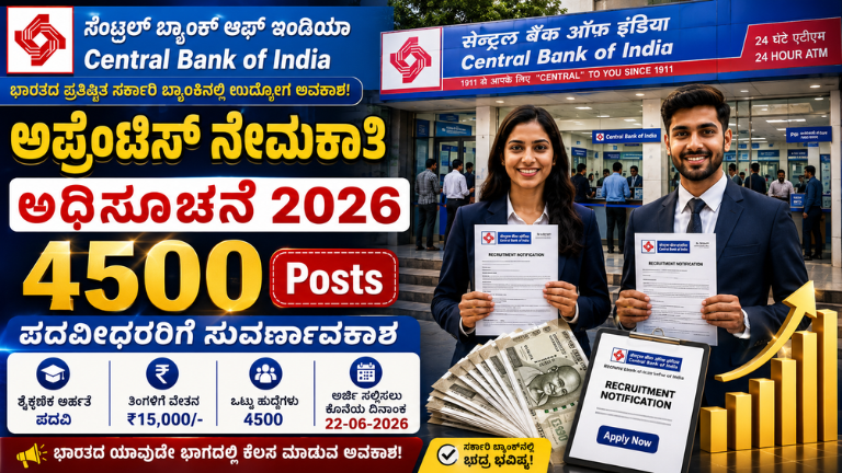 Central Bank of India Recruitment 2026 4500 ಅಪ್ರೆಂಟಿಸ್ ಹುದ್ದೆಗಳ ನೇಮಕಾತಿ, ಪದವೀಧರರಿಗೆ ಭರ್ಜರಿ ಅವಕಾಶ
