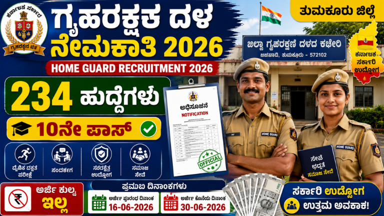 Home Guard Recruitment 2026 ತುಮಕೂರಿನಲ್ಲಿ 234 ಗೃಹರಕ್ಷಕ ಹುದ್ದೆಗಳ ನೇಮಕಾತಿ – 10ನೇ ಪಾಸ್ ಅಭ್ಯರ್ಥಿಗಳಿಗೆ ಅವಕಾಶ!