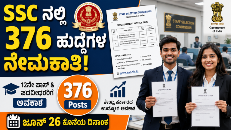 SSC Recruitment 2026 376 ಹುದ್ದೆಗಳ ಭರ್ಜರಿ ನೇಮಕಾತಿ! 12ನೇ ತರಗತಿ ಹಾಗೂ ಪದವೀಧರರಿಗೆ ಕೇಂದ್ರ ಸರ್ಕಾರದ ಉದ್ಯೋಗ ಅವಕಾಶ